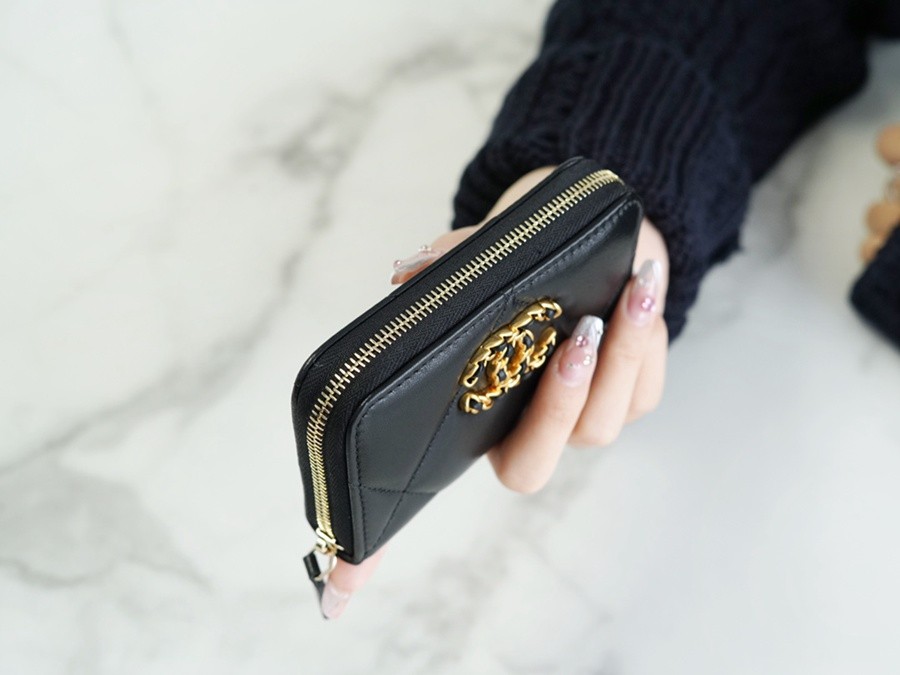 19系列拉鏈零錢卡包 羊皮黑金_19