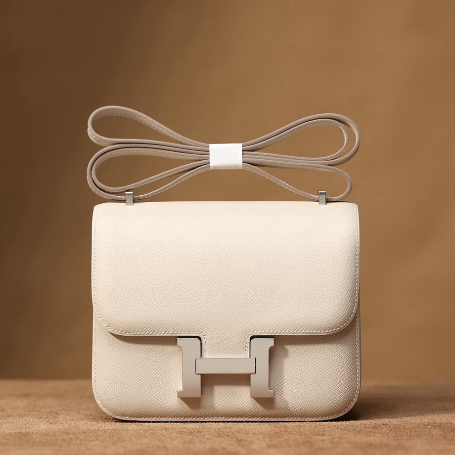 H Constance 19 Epsom牛皮  單肩斜挎包 奶昔白銀 扣_1