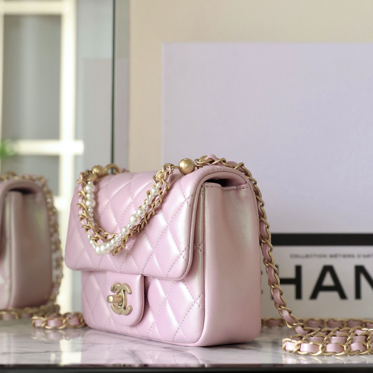 24P珍珠链条方胖子小號珠光粉羊皮_3