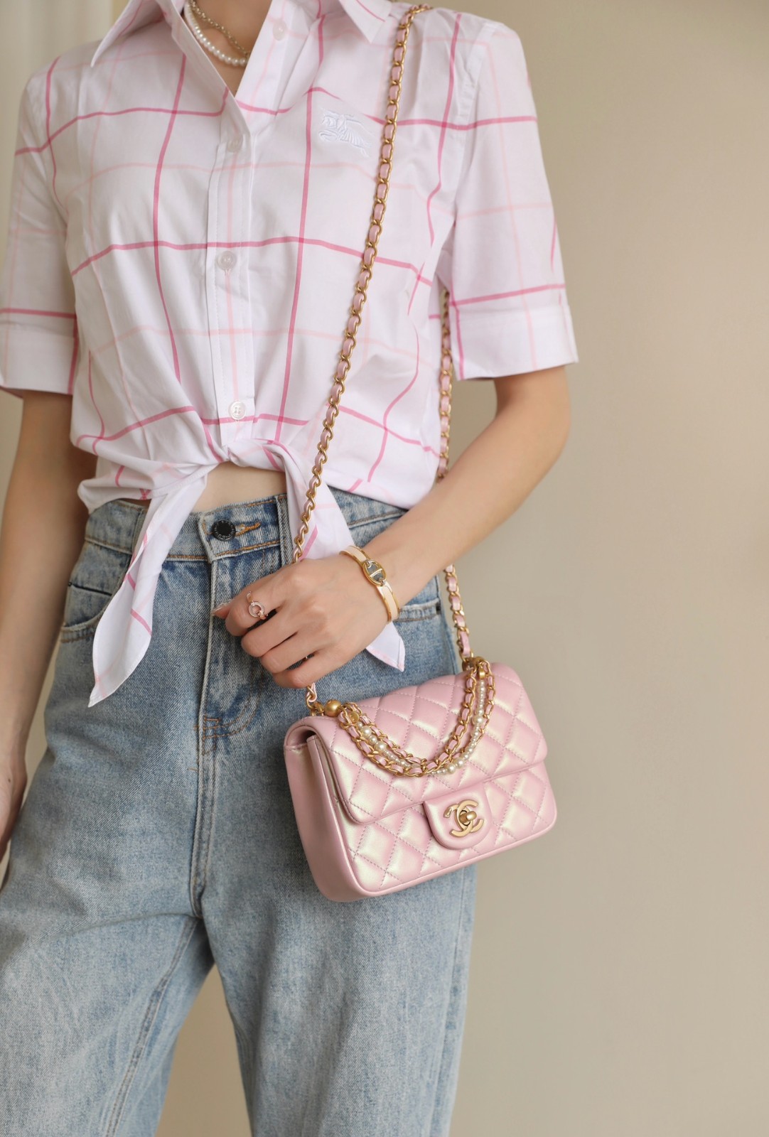 24P珍珠链条方胖子小號珠光粉羊皮_7