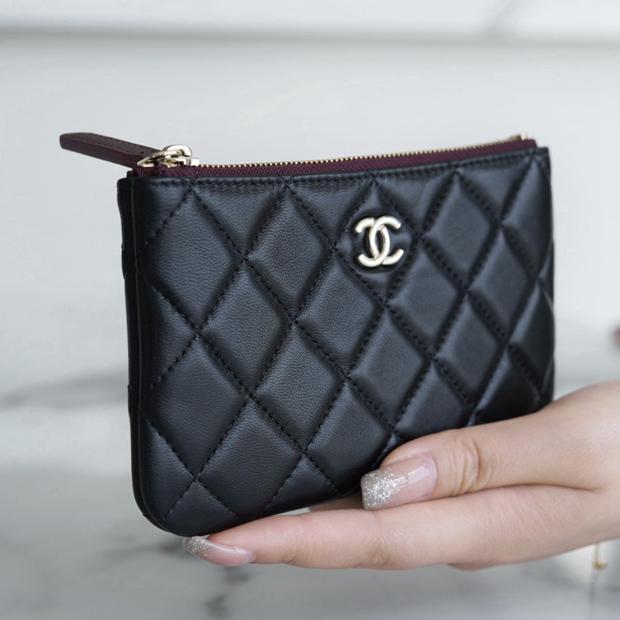 一字零錢包 羊皮 黑金_3