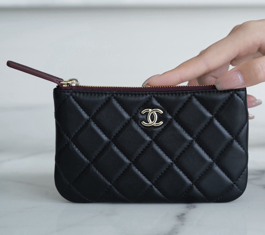 一字零錢包 羊皮 黑金_2