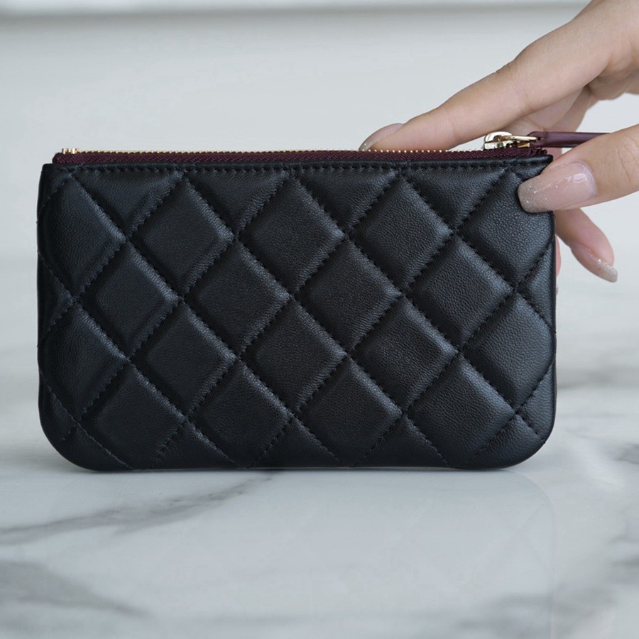 一字零錢包 羊皮 黑金_5