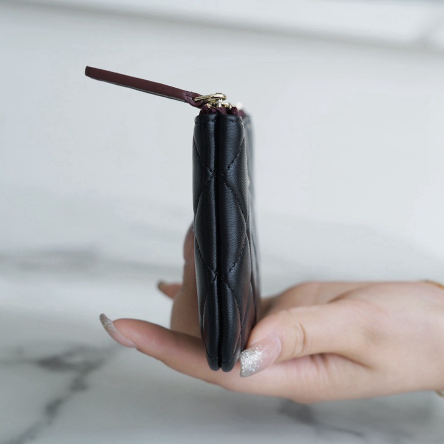 一字零錢包 羊皮 黑金_4