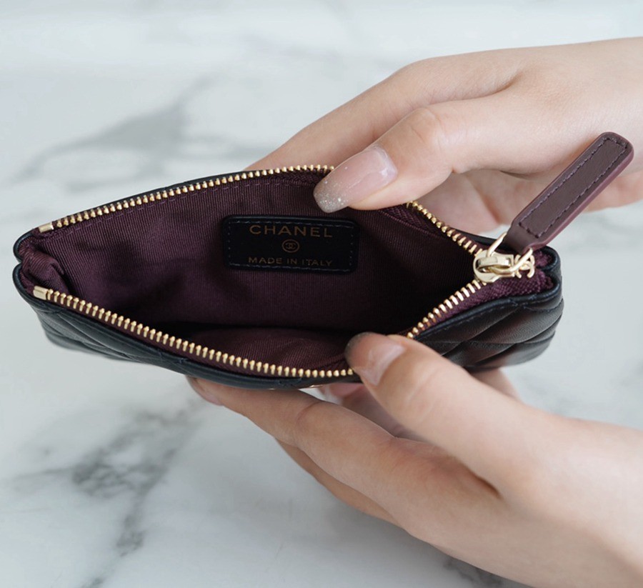 一字零錢包 羊皮 黑金_7