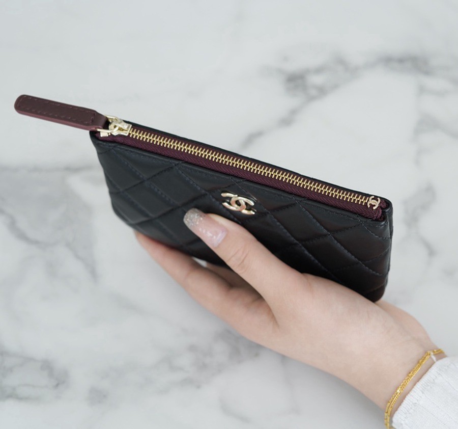 一字零錢包 羊皮 黑金_8