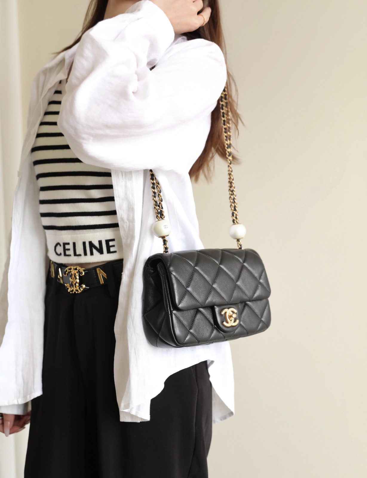 小香 CF雙珍珠大Mini羊皮 黑金_10