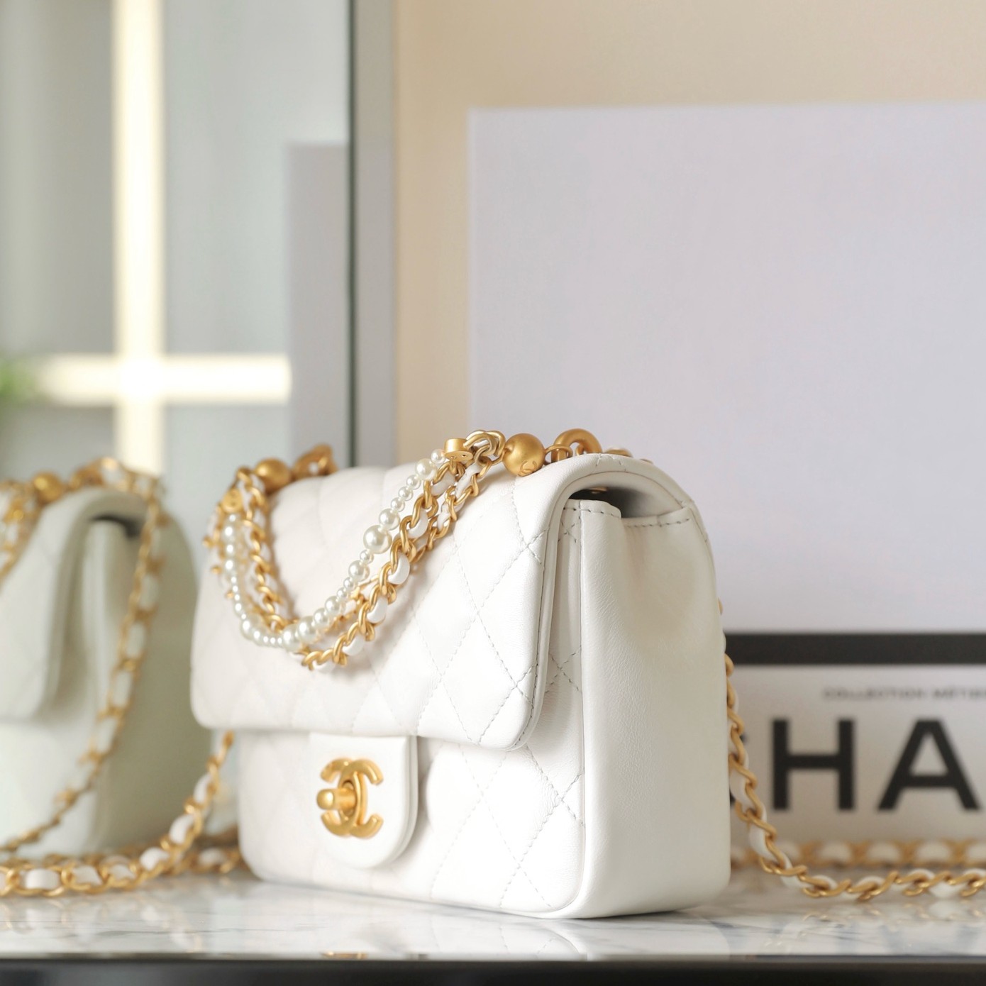 24P春夏珍珠鏈條口蓋包 白色_2