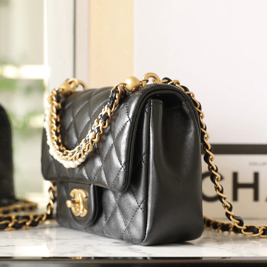 24P春夏 珍珠鏈條口蓋包 黑色_3