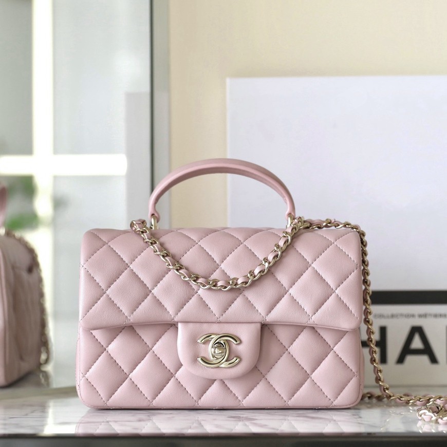 24P手柄口蓋包 CF羊皮大Mini手提包 粉色_1