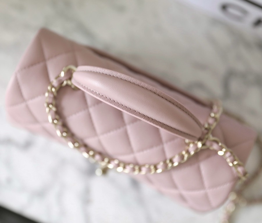 24P手柄口蓋包 CF羊皮大Mini手提包 粉色_4