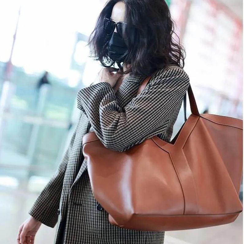 Y皮革托特包 棕色_9