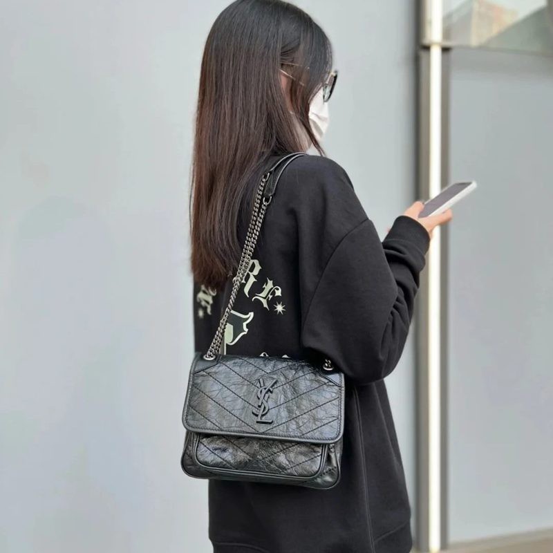 Niki中號復古皮革手袋 黑色_2