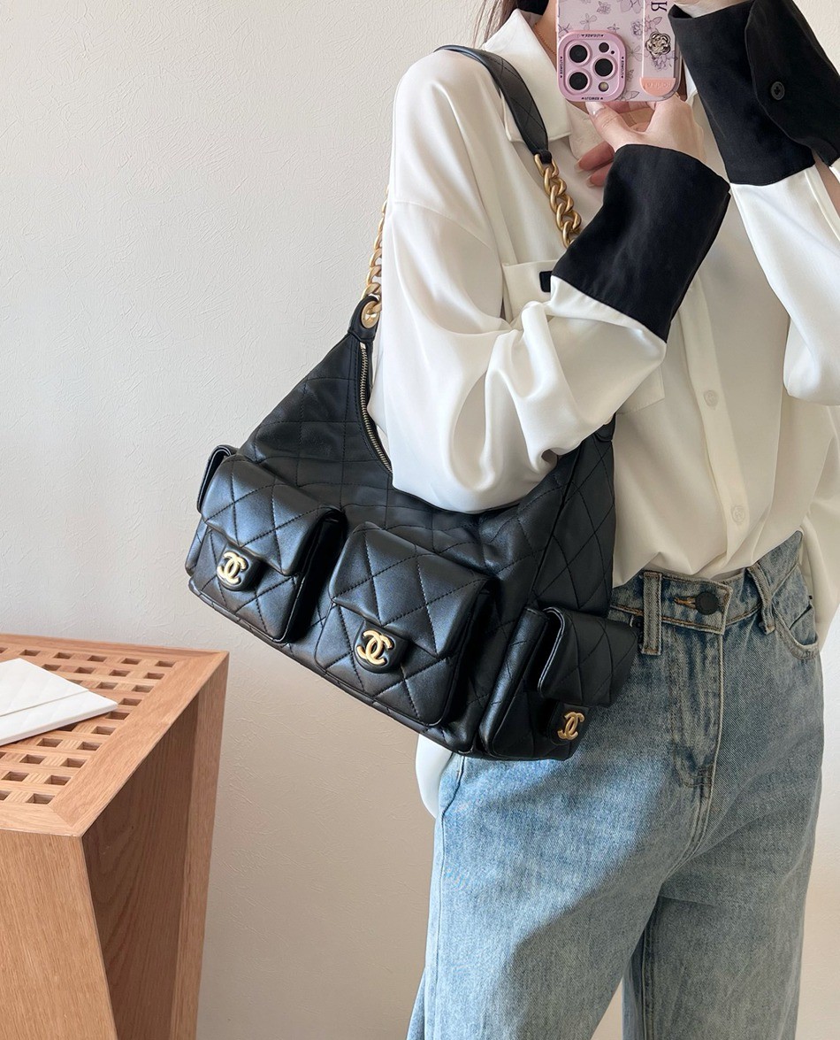 25C早春多口袋Hobo嬉皮包黑色大號_8