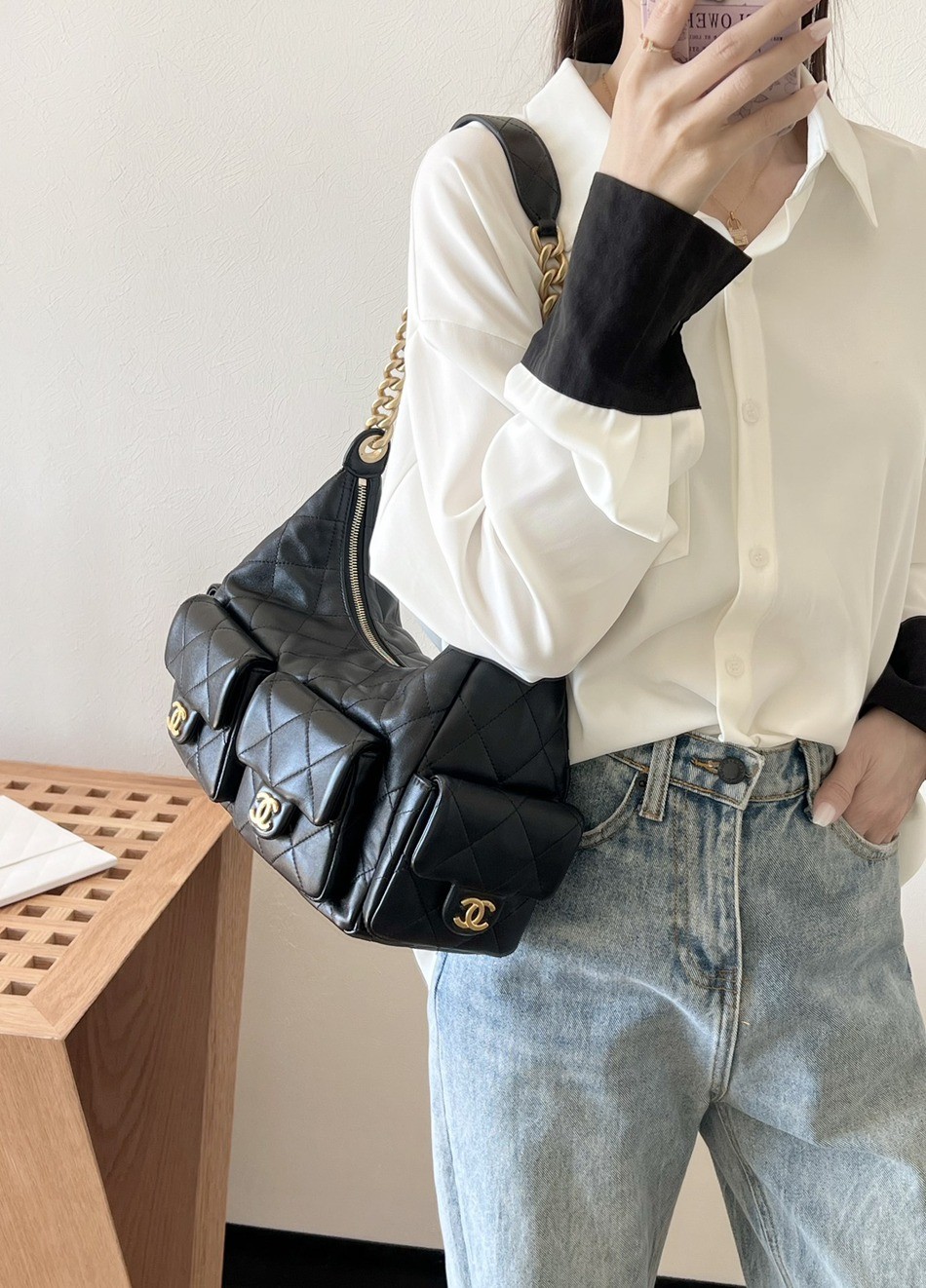 25C早春多口袋Hobo嬉皮包黑色大號_9