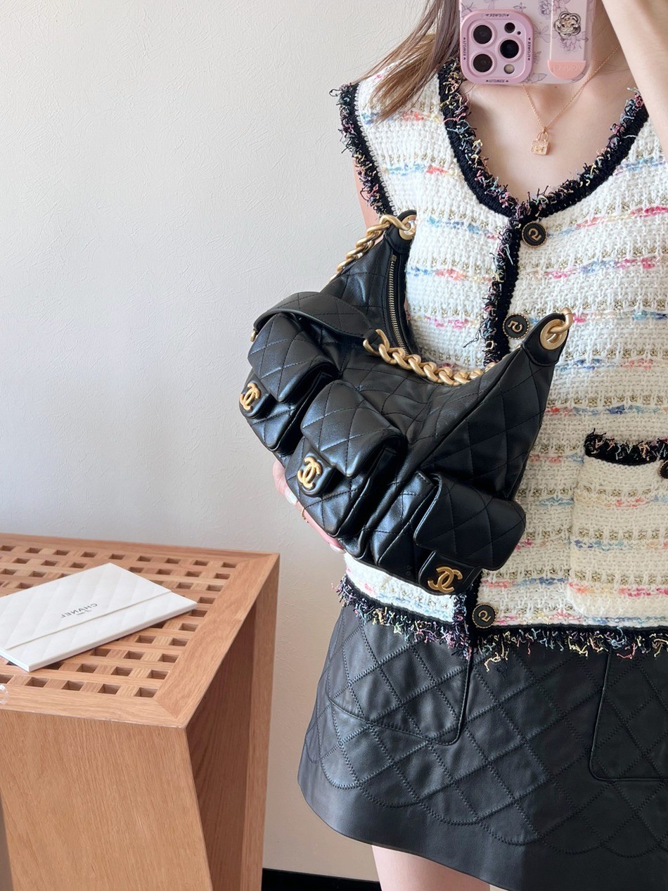 25C早春多口袋Hobo嬉皮包黑色小號_9