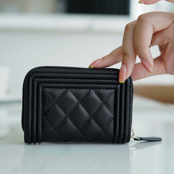 Leboy拉鏈零錢卡包 黑金 羊皮_3