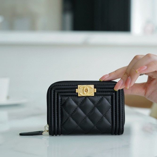 Leboy拉鏈零錢卡包 黑金 羊皮_1