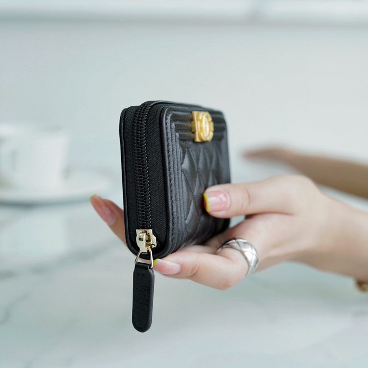 Leboy拉鏈零錢卡包 黑金 羊皮_2