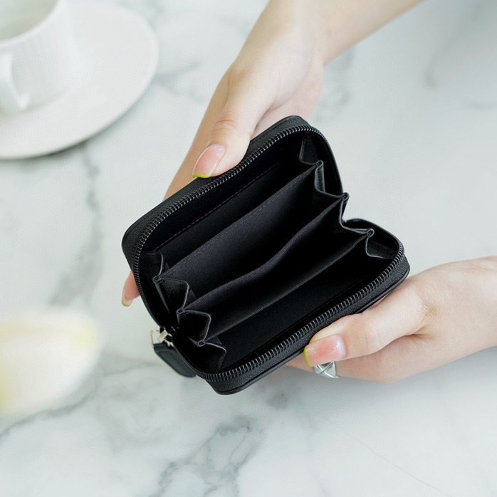 Leboy拉鏈零錢卡包 黑金 羊皮_5