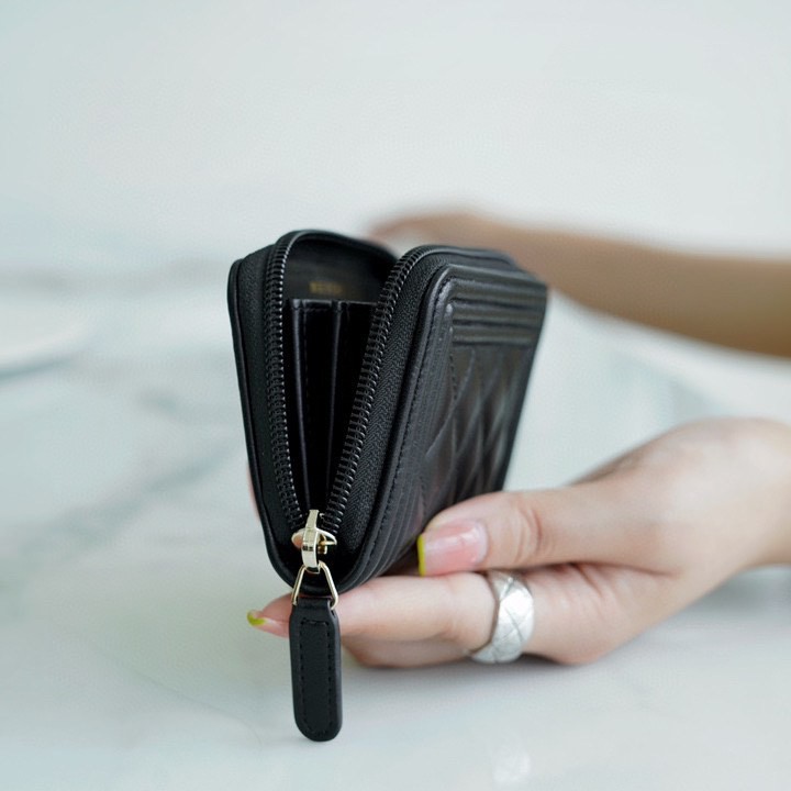 Leboy拉鏈零錢卡包 黑金 羊皮_4