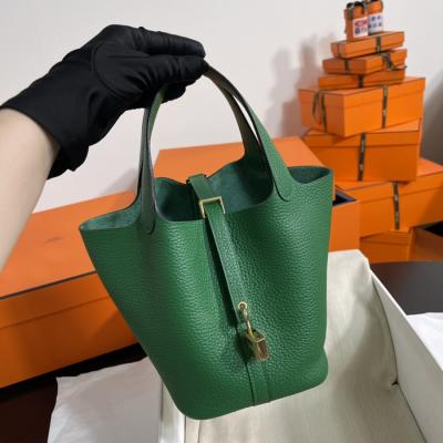 菜籃子Picotin 18 絲絨綠金扣 TC皮