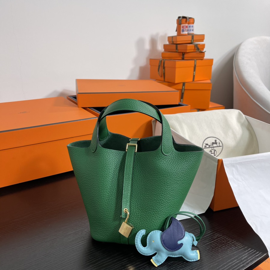 菜籃子Picotin 18 絲絨綠金扣 TC皮_7