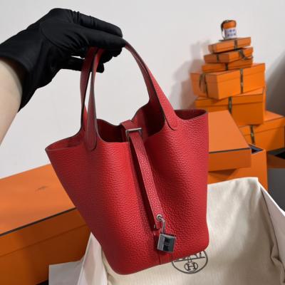 菜籃子Picotin 18 心紅色銀扣 TC皮